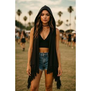 TASI Malibu Hooded Cardigan Black Boho Festival Open Front Sleeveless Duster M